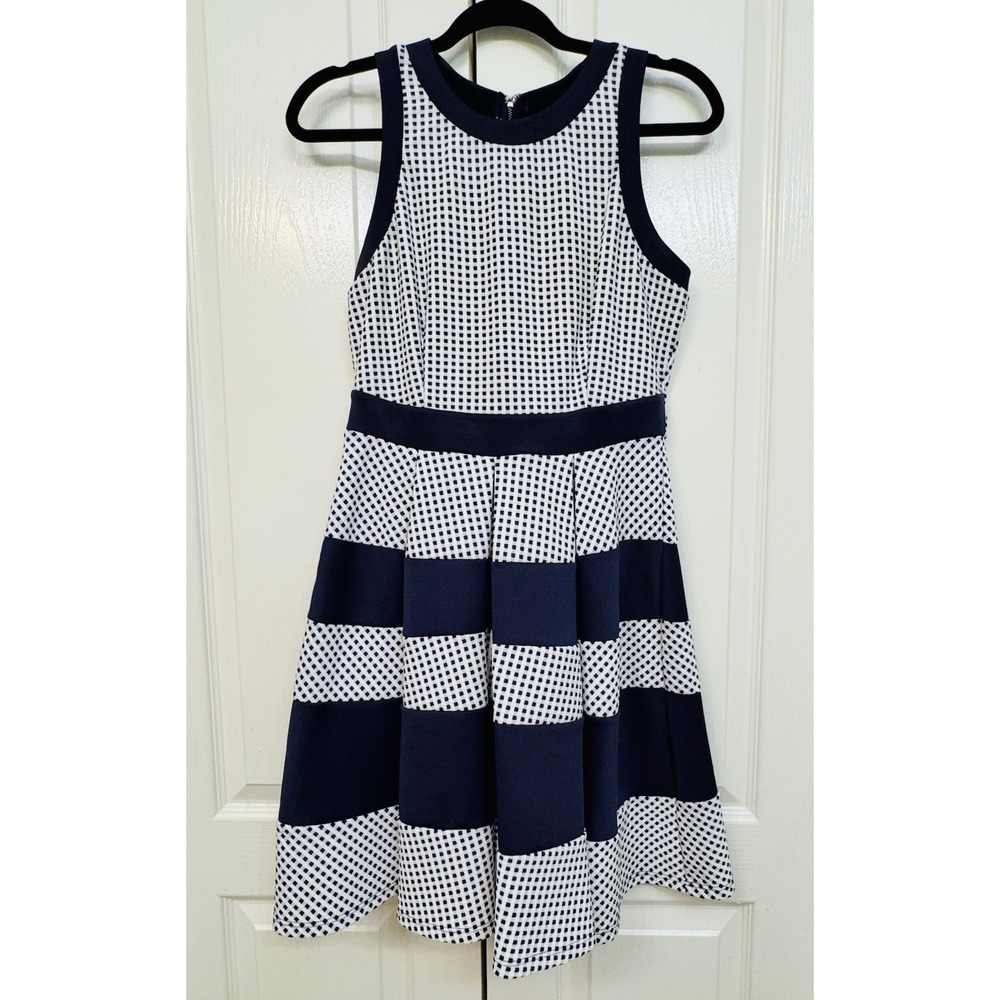 Windsor Women's Dress Sleeveless Fit & Flare Navy & Blue Gingham Pattern-Large